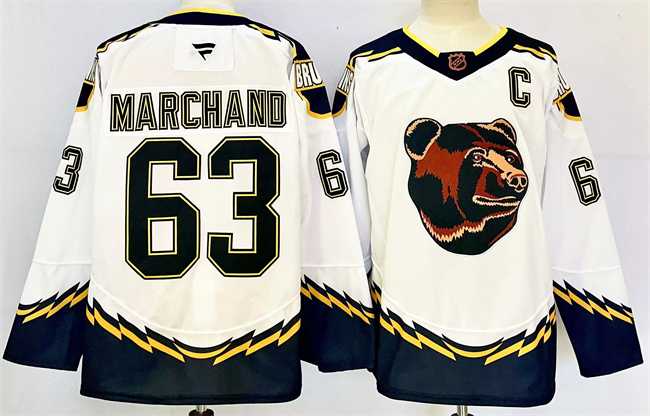 Mens Boston Bruins #63 Brad Marchand White 2024-25 With C Patch Reverse Retro Home Stitched Hockey Jersey->boston bruins->NHL Jersey